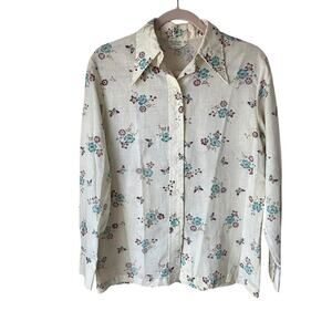 Vintage Floral Butterfly Women's Button up Long Sleeve Blouse Size 16 60's/70's